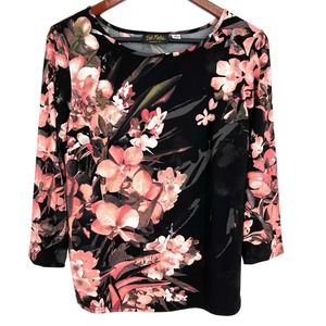 Bob Mackie Small Super Stretchy Wearable Art Floral Black Pink Blouse Shirt Top